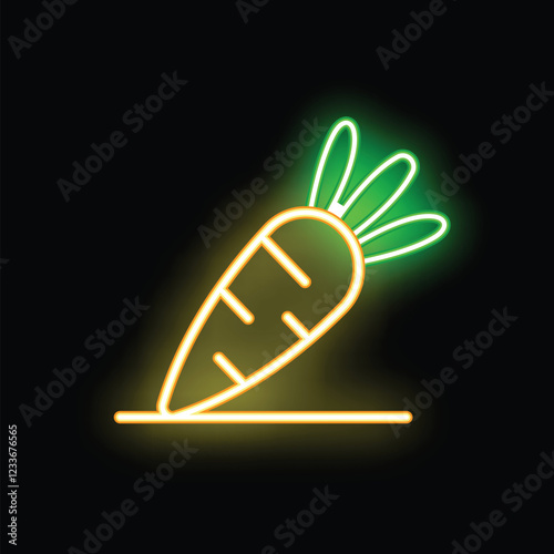 Neon sign depicting a carrot with leaves, glowing in yellow and green against a black background