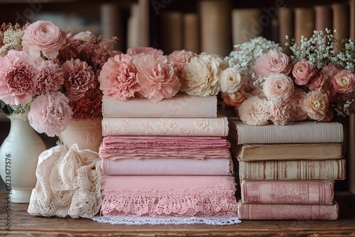 Cozy Floral Romance with Vintage Books and Textiles