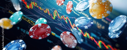 Vibrant casino chips floating above stock market data.