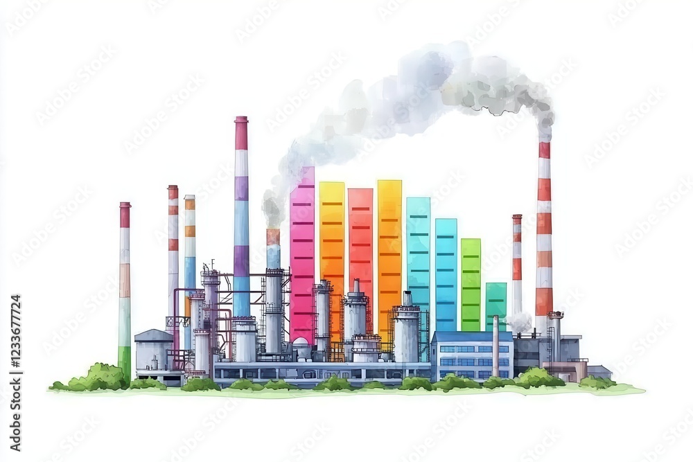 Obraz premium Vibrant factory with smokestacks and colorful data bars.