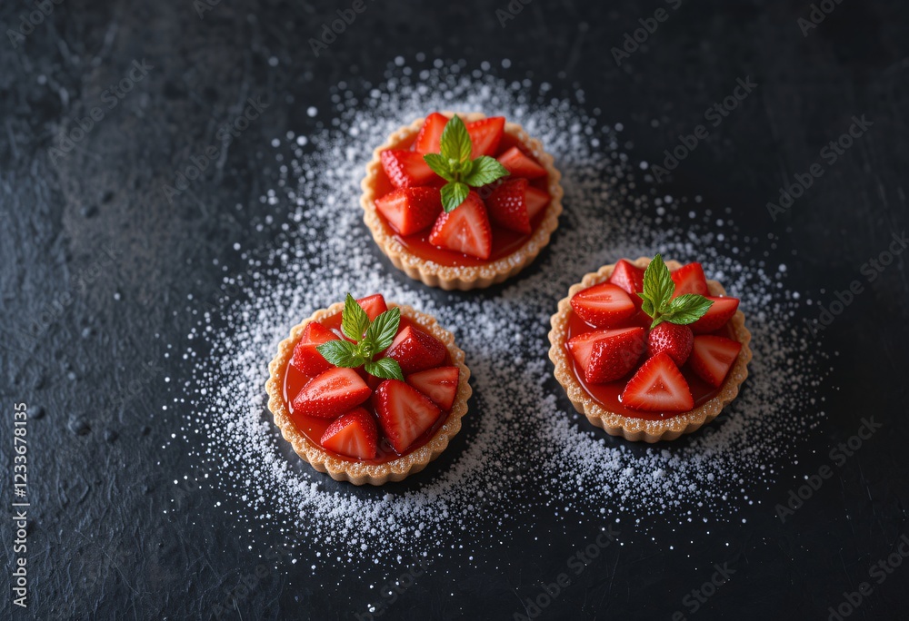 Three mini strawberry tarts on dark background Three mini strawberry tarts on dark background