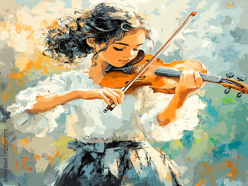 The image depicts a young girl playing the violin, wearing a white blouse with ruffled sleeves and a dark skirt, set against a colorful, abstract background.
