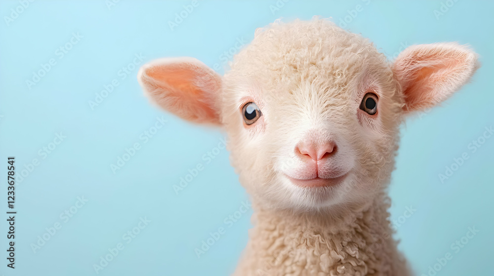 Fototapeta premium Cute baby lamb looking directly at the camera against a solid light blue background.