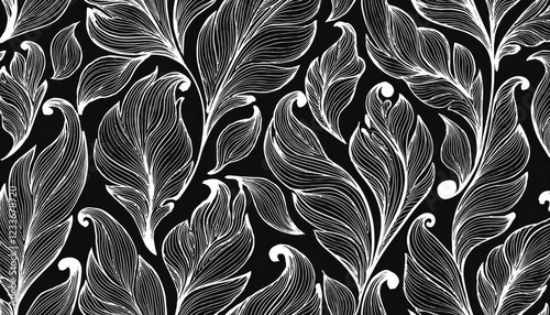 Wallpaper Mural Monochromatic Abstraction Elegant Leaves Curling Tendrils in a Striking Seamless Pattern, Capturing the Allure of an Abstract Floral Background. Torontodigital.ca