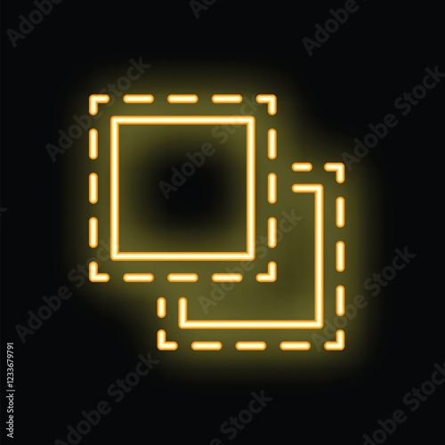Neon yellow glowing symbol of two overlapping squares with dashed outlines, representing the concept of duplication