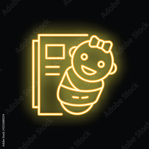 Yellow neon icon of a baby girl wrapped in a blanket, placed in front of a birth certificate on black background