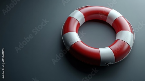 Red and white vector lifebuoy with smooth details, monochromatic gray backdrop 