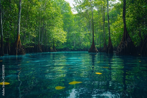 Dense mangrove forest with twisting roots emerging from brackish water home to exotic wildlife