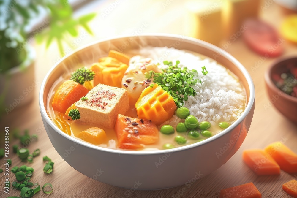 Steaming vegan curry rice bowl, kitchen, sunlight Steaming vegan curry rice bowl, kitchen, sunlight
