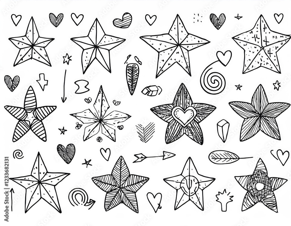 Cute line sketch star, arrow, heart decoration element icon set Cute line sketch star, arrow, heart decoration element icon set