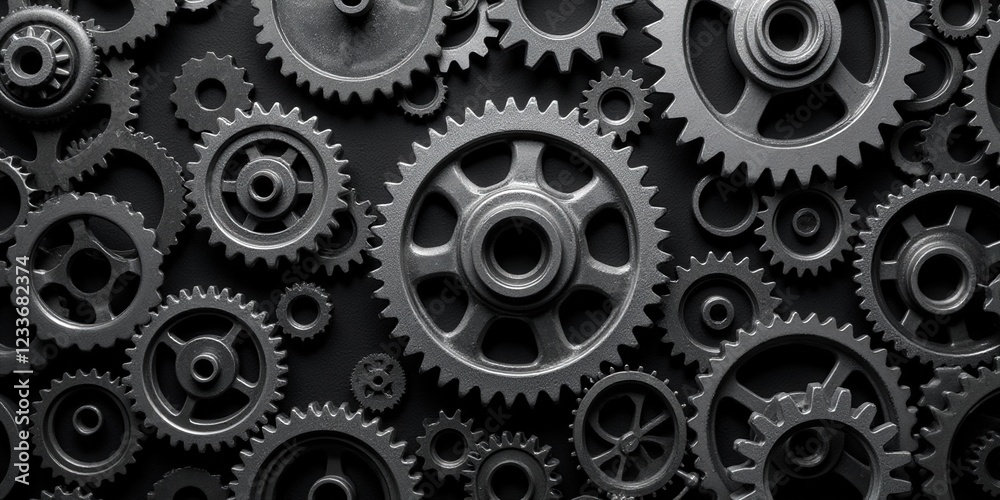 An intricate close-up reveals gears in a mesmerizing circular dance; the central large gear anchors an elegant array of smaller cogs, all captured in captivating black-and-white An intricate close-up reveals gears in a mesmerizing circular dance; the central large gear anchors an elegant array of smaller cogs, all captured in captivating black-and-white