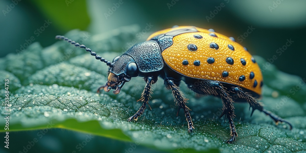 Fototapeta premium Vibrant Yellow and Blue Beetle on Dew-Kissed Leaf