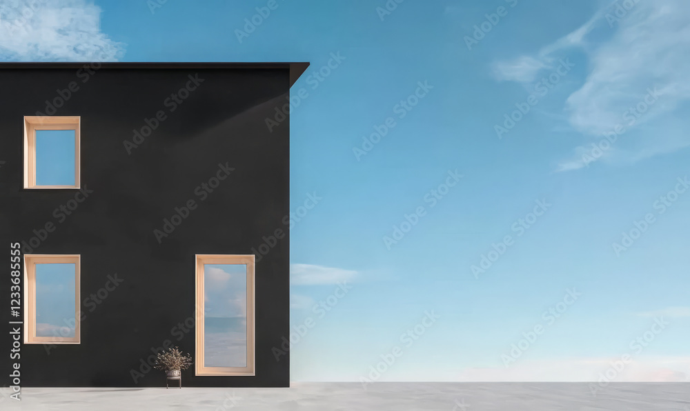 Modern black house with open sky and minimal landscaping in daylight Modern black house with open sky and minimal landscaping in daylight