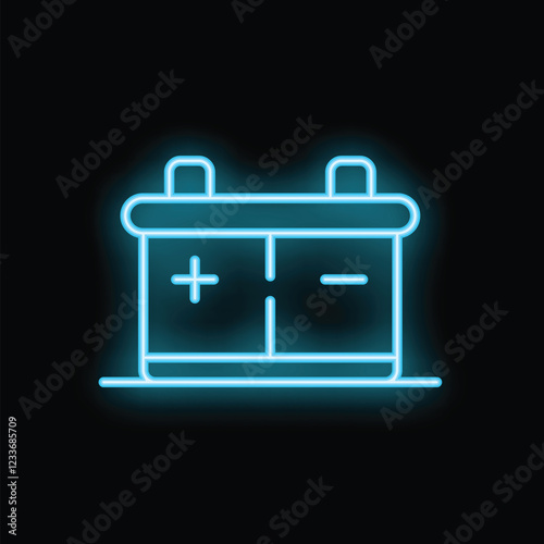 Blue neon sign of an accumulator glowing on a dark background, great for concepts related to energy or electricity