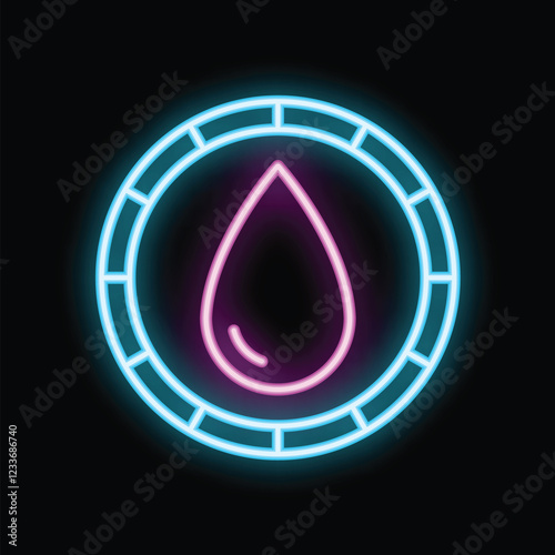 Glowing neon icon of water drop shining in circle frame on black background