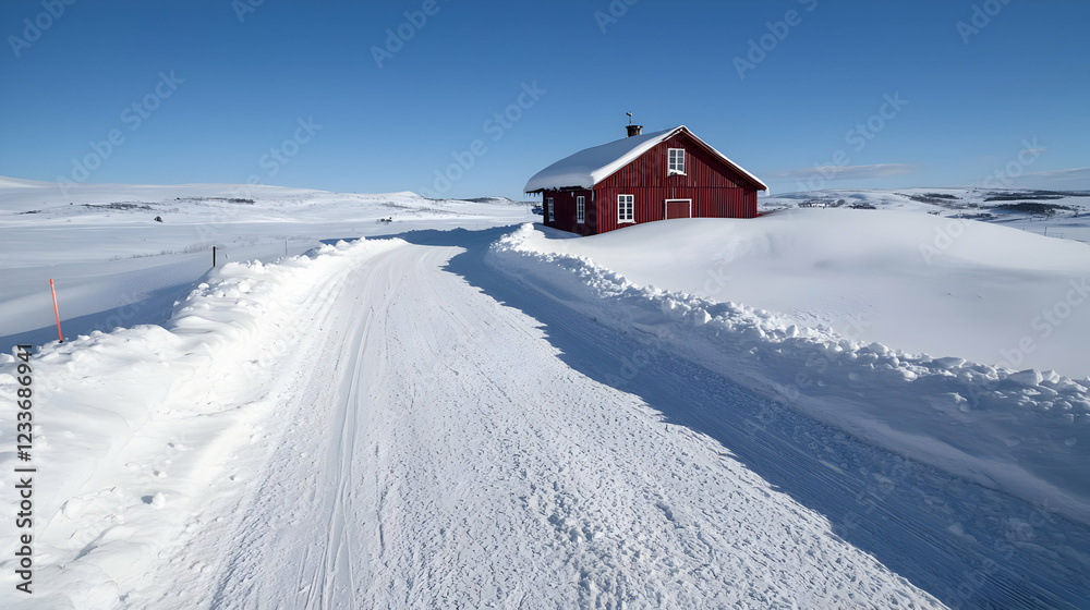 Snowy road leads to red cabin, winter landscape Snowy road leads to red cabin, winter landscape