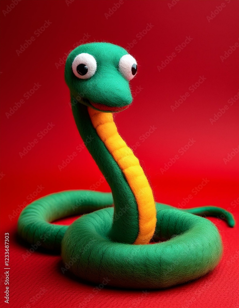 Fototapeta premium snake cartoonish, Felted, felt material isolated on red background