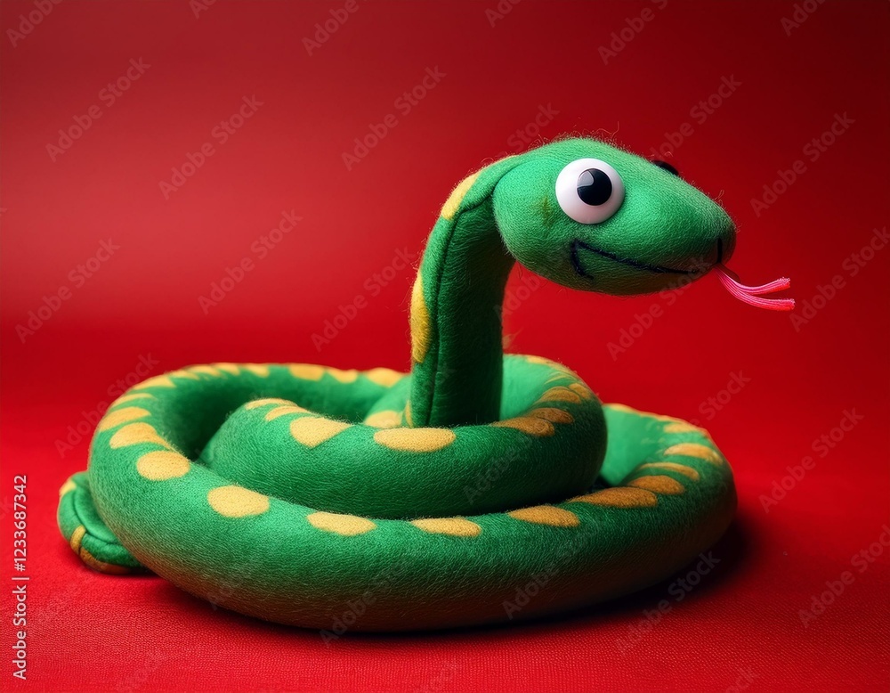 Fototapeta premium snake cartoonish, Felted, felt material isolated on red background