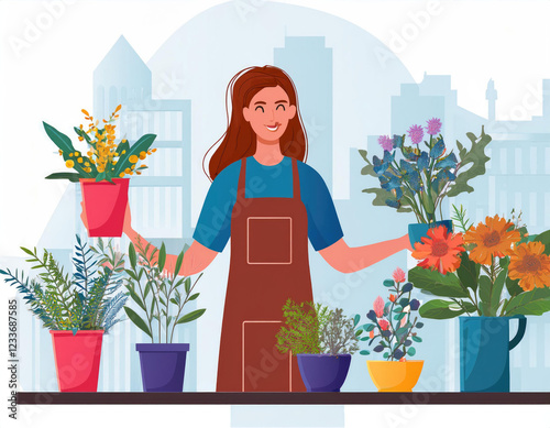 Female personage seller or owner of florist store in city. Vector isolated flower store with variety of potted plants for home and bouquets in vases for holiday gifts. Buying compositions photo