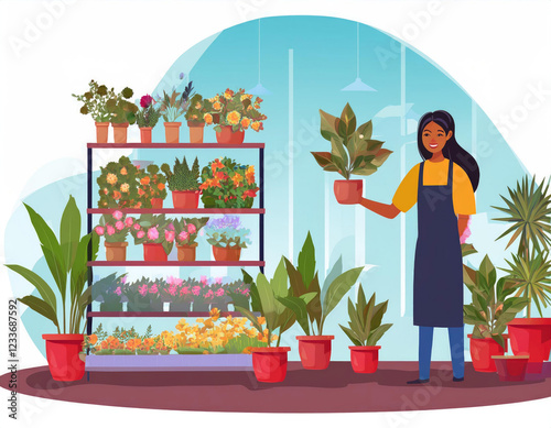 Female personage seller or owner of florist store in city. Vector isolated flower store with variety of potted plants for home and bouquets in vases for holiday gifts. Buying compositions photo