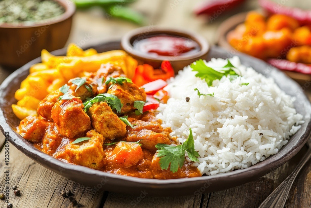 Spicy chicken curry, rice, fries, rustic table, Indian cuisine, food blog Spicy chicken curry, rice, fries, rustic table, Indian cuisine, food blog