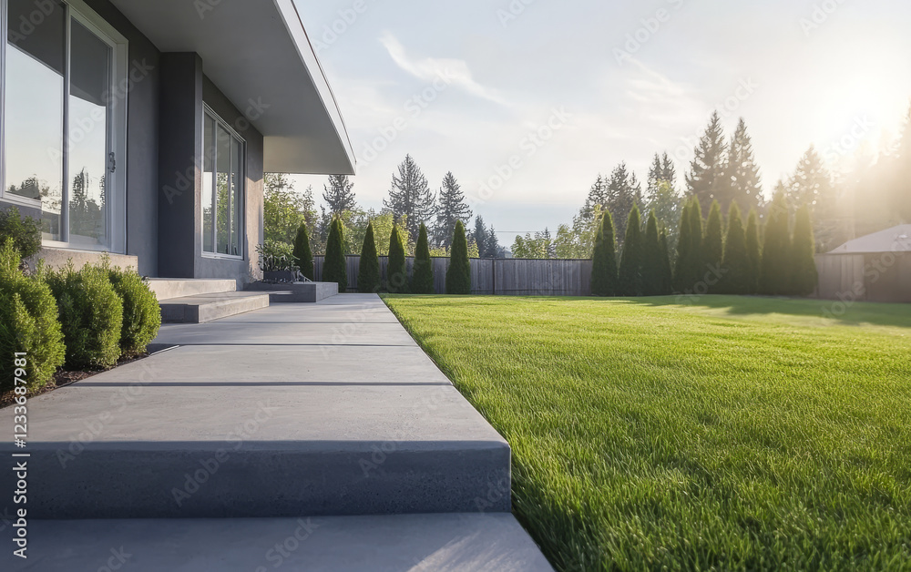 Naklejka premium Modern backyard with concrete patio and vibrant green lawn during sunset