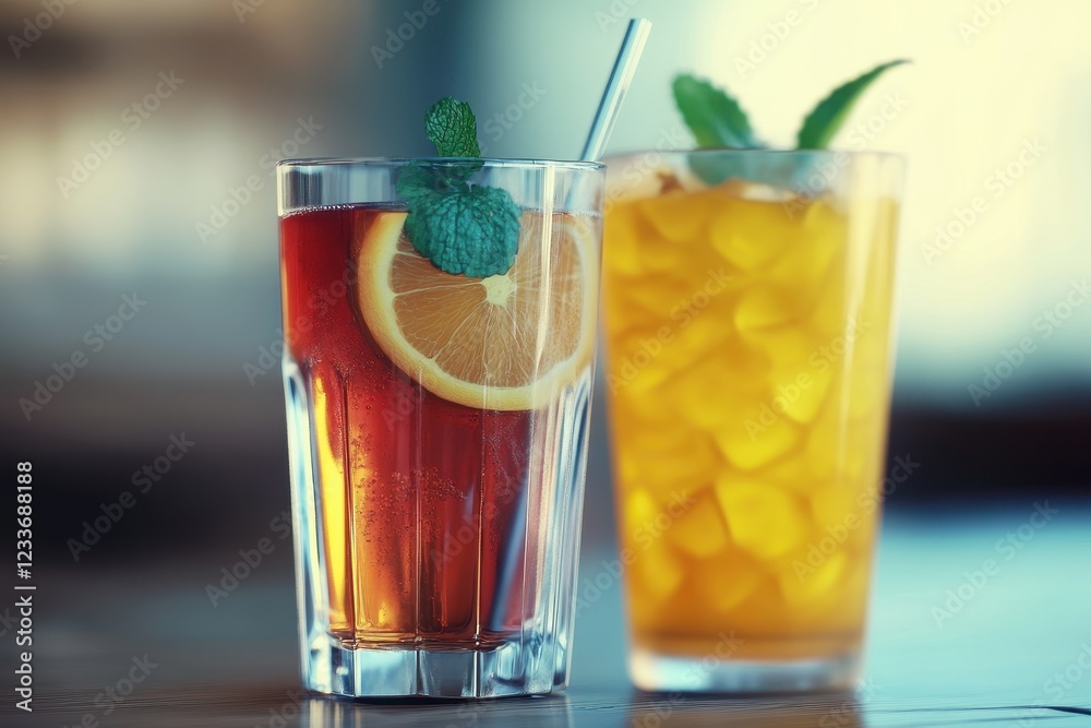 Iced tea, citrus, mint, cafe, drinks, refreshment, summer, background Iced tea, citrus, mint, cafe, drinks, refreshment, summer, background