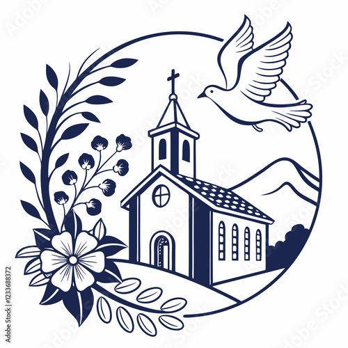 Stylized Line Art Church Illustration for Logo and Emblem