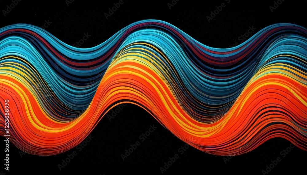 Dazzling Psychedelic Wave Vibrant Rainbow Gradient Flows Over a Grainy Black Background, Evoking a Sense of Movement and Energy in Abstract Art.