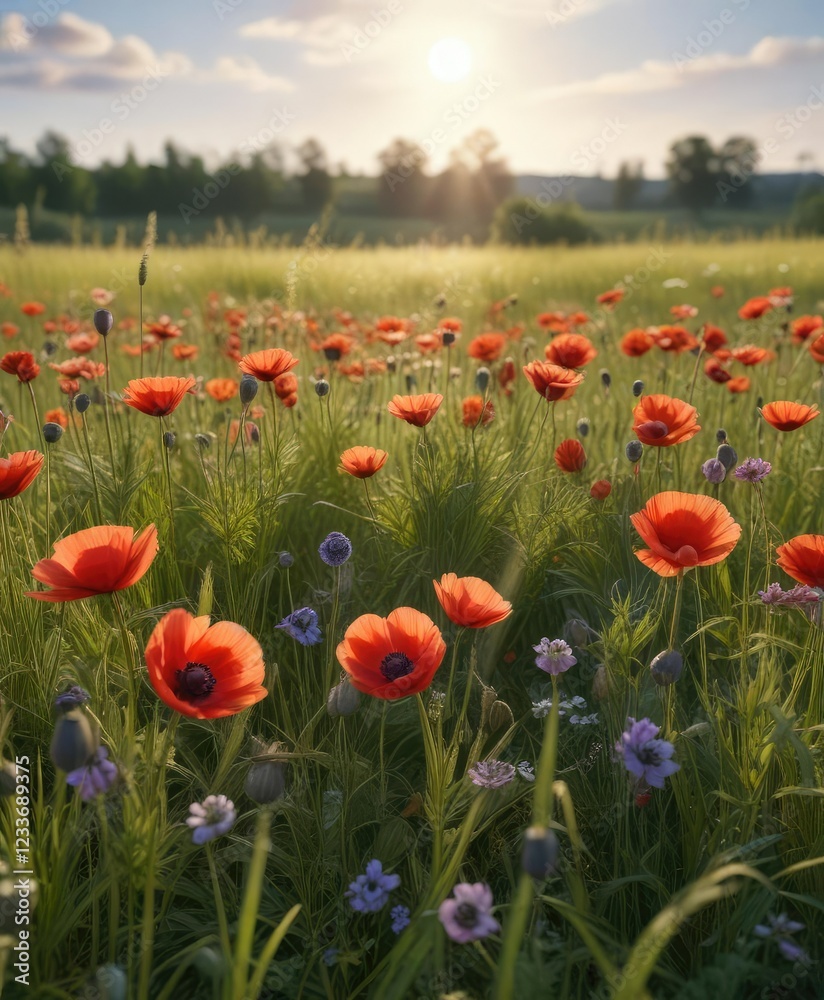 Fototapeta premium Poppy anemone flowers in a field of tall grasses and wheat, , landscape photography