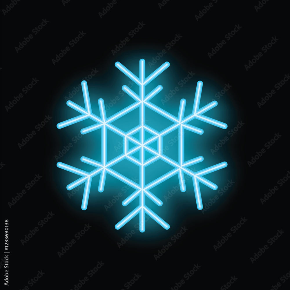 Bright, neon blue snowflake is glowing on a black background Bright, neon blue snowflake is glowing on a black background