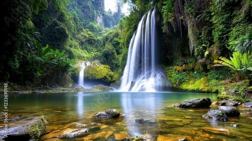 Tropical waterfall lagoon tranquil concept. A serene waterfall cascades into a clear pool, surrounded by lush greenery and rocks, creating a tranquil natural oasis.