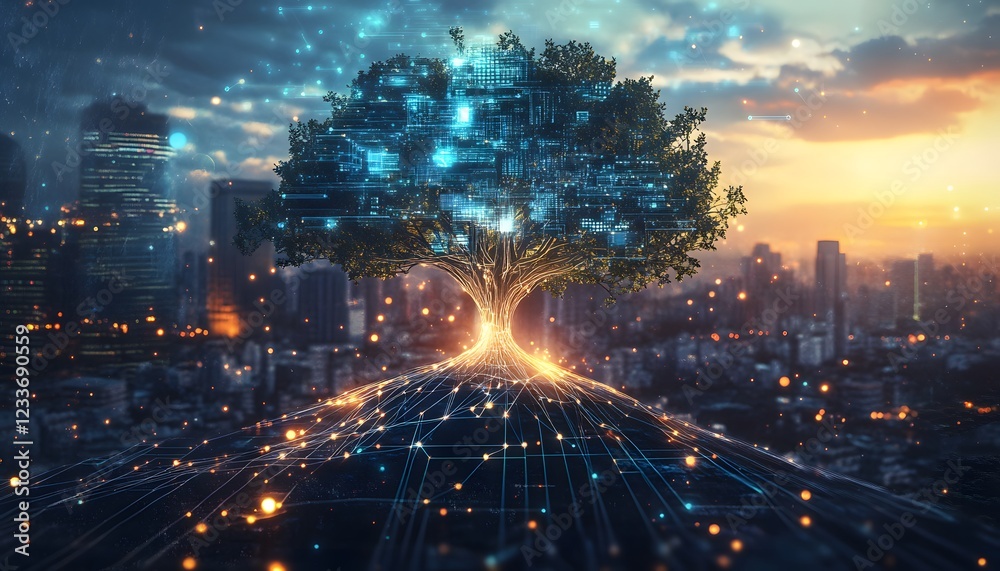 Fototapeta premium Digital Tree of Life Above Cityscape at Sunset