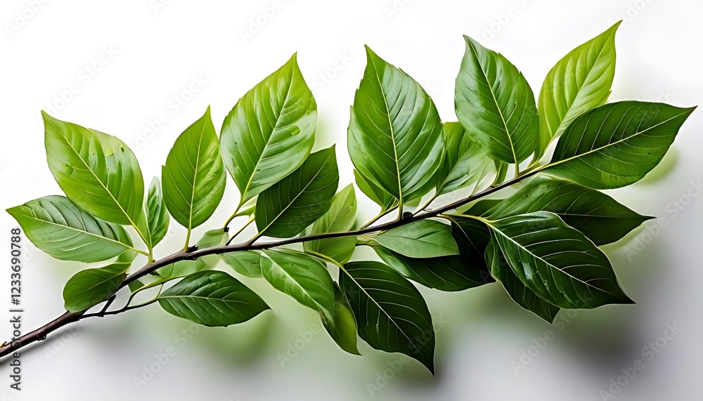 A branch with variegated green leaves rests against a solid white background A branch with variegated green leaves rests against a solid white background