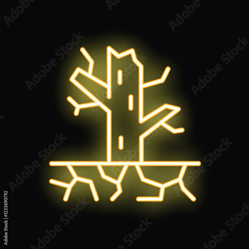 Neon yellow icon of a bare tree growing from cracked ground