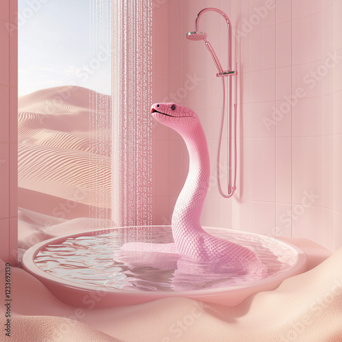 Cute pink snake taking bath in shower cabin in the middle of a desert 