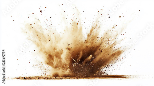 Dust sand cloud on a dusty road from a car. Scattering trail on track from fast movement Brown Powder Explosion isolated on white or transparent background

