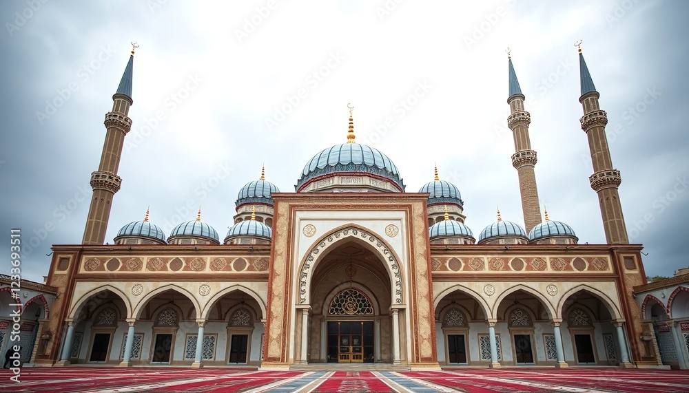 Fototapeta premium Magnificent Mosque Architecture Blue Domes Elegant Islamic Building Exterior Design Traditional Religious Place of Worship Prayer Sanctuary Spiritual Serenity Peaceful Atmosphere Cultural Heritage 