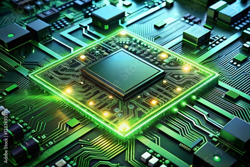 Futuristic Microchip Motherboard: Intricate Green-Lit Circuitry and Advanced Technology Glow.