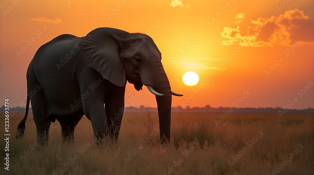 Obraz premium Majestic African Elephant Silhouette at Sunset in Serengeti Grasslands Stunning Wildlife Photography Golden Hour Nature Image
