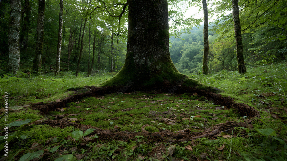 Fototapeta premium Forest tree base, lush green moss, tranquil scene, nature background, ideal for eco-themes