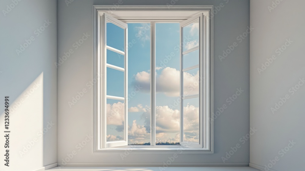 A minimalist house window featuring an open glass frame, allowing natural light to flow through, set against a neutral backdrop, representing the elegance and functional design of modern office spaces A minimalist house window featuring an open glass frame, allowing natural light to flow through, set against a neutral backdrop, representing the elegance and functional design of modern office spaces