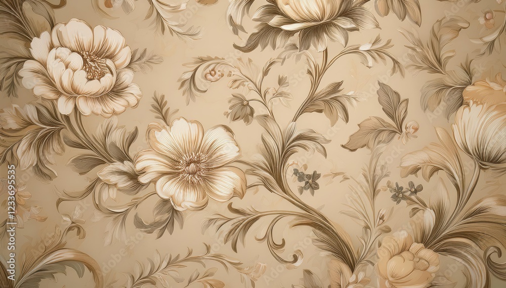 Fototapeta Charming Vintage Beige Wallpaper Featuring a Shabby Chic Floral Pattern, Evoking a Timeless and Elegant Atmosphere Perfect for Home Decor or Design Inspiration.