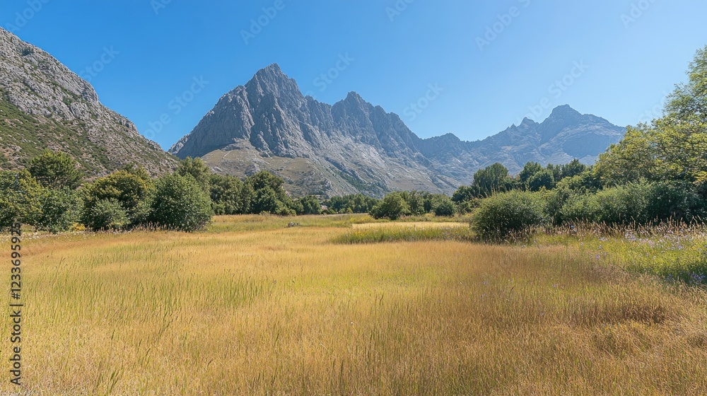 Fototapeta premium Sunny meadow with high mountain range in background.
