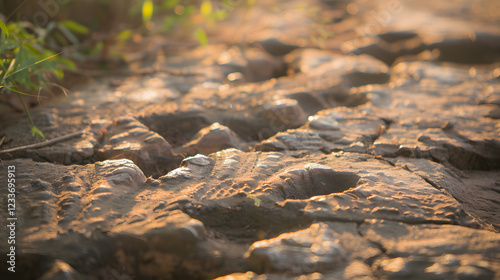 Close-up of ancient dinosaur footprints embedded in rock, showcasing detailed impressions from millions of years ago.
 photo