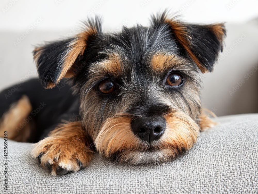 A close-up of a small dog resting on a couch, showcasing its adorable features. A close-up of a small dog resting on a couch, showcasing its adorable features.