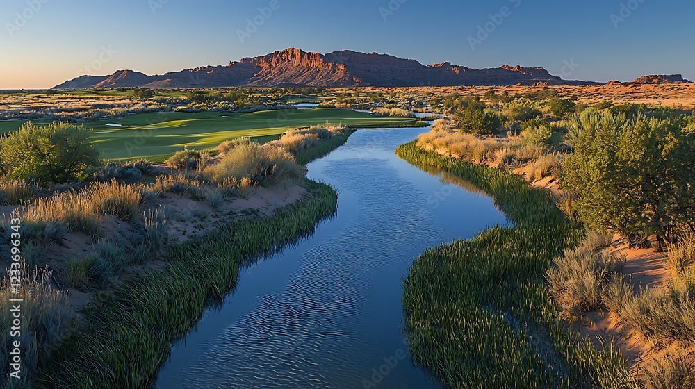 Fototapeta premium Pristine desert ecosystem with wind shaped sand dunes and hardy desert plants thriving in arid conditions