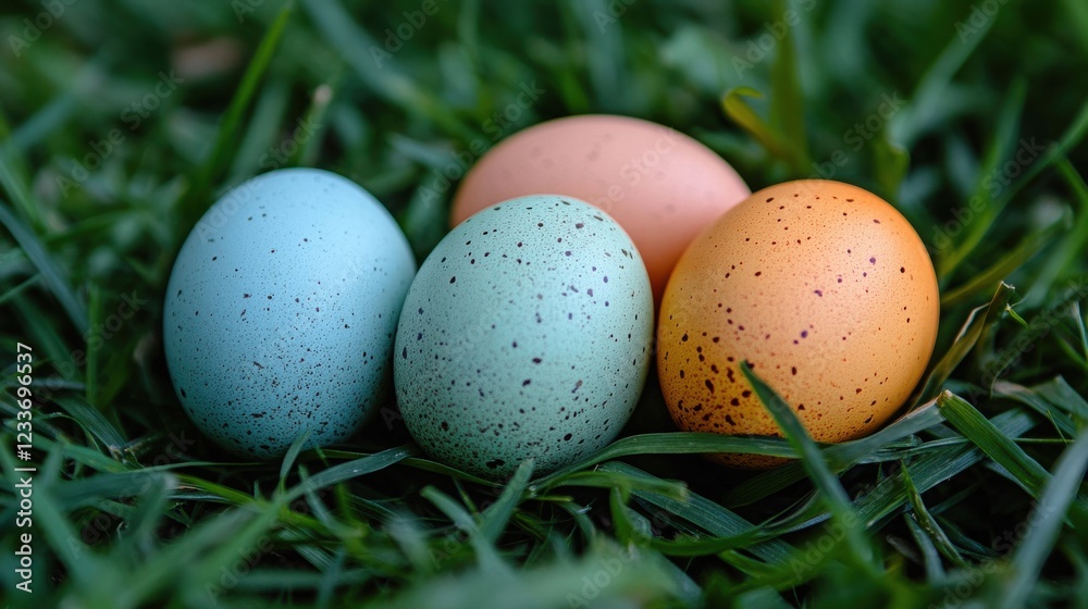 Speckled eggs nestled in the grass. A springtime scene. Speckled eggs nestled in the grass. A springtime scene.