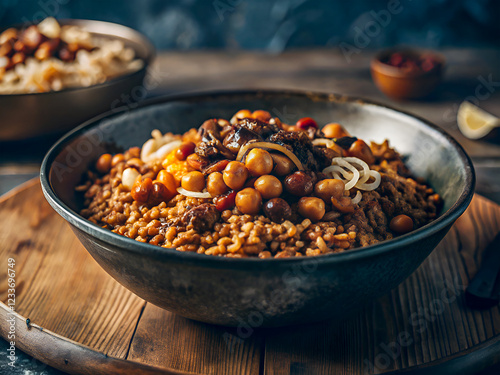 Tasty Egyptian food Kushari in a bowl with rice, lentils, spicy tomato sauce, chickpeas, and crispy fried onions. Delicious Food background photo