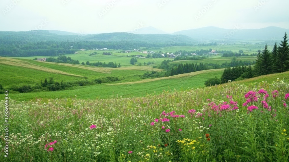 Fototapeta premium Serene rolling hills landscape with wildflowers and distant village.